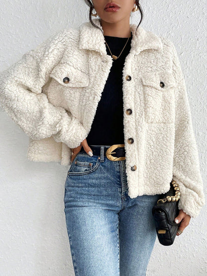Collared Solid Color Long Sleeves Pockets Fleece Jacket