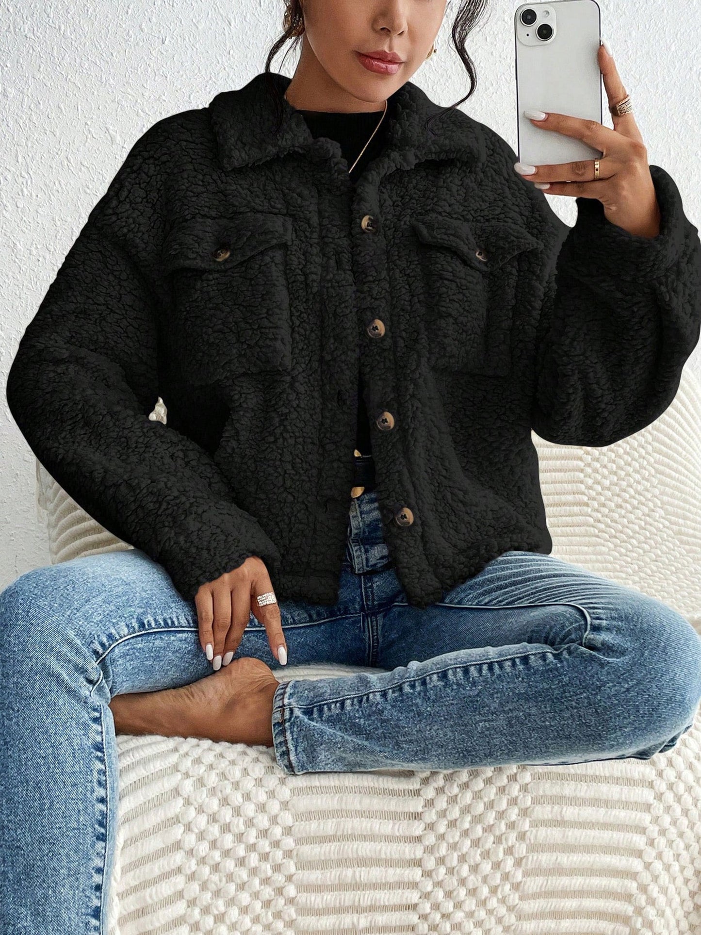 Collared Solid Color Long Sleeves Pockets Fleece Jacket