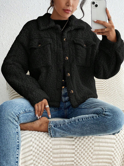 Collared Solid Color Long Sleeves Pockets Fleece Jacket