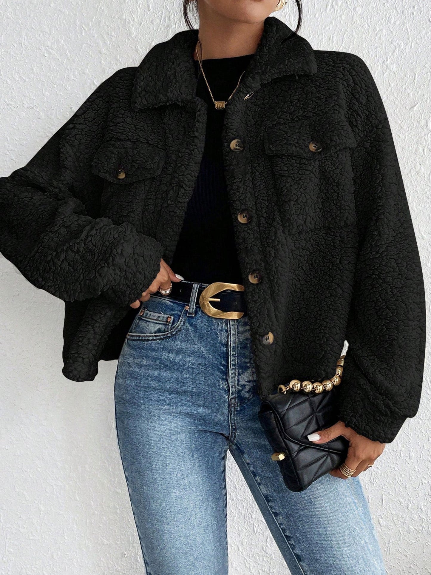 Collared Solid Color Long Sleeves Pockets Fleece Jacket