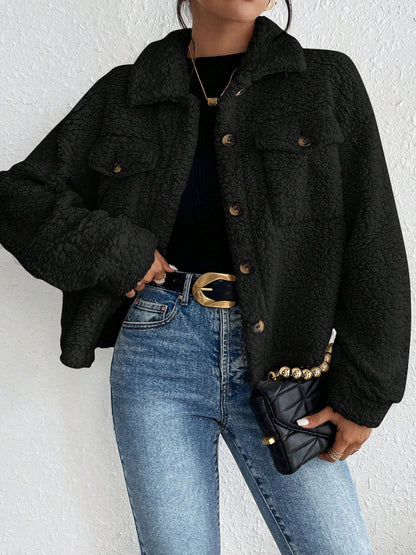 Collared Solid Color Long Sleeves Pockets Fleece Jacket