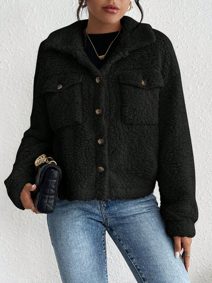 Collared Solid Color Long Sleeves Pockets Fleece Jacket