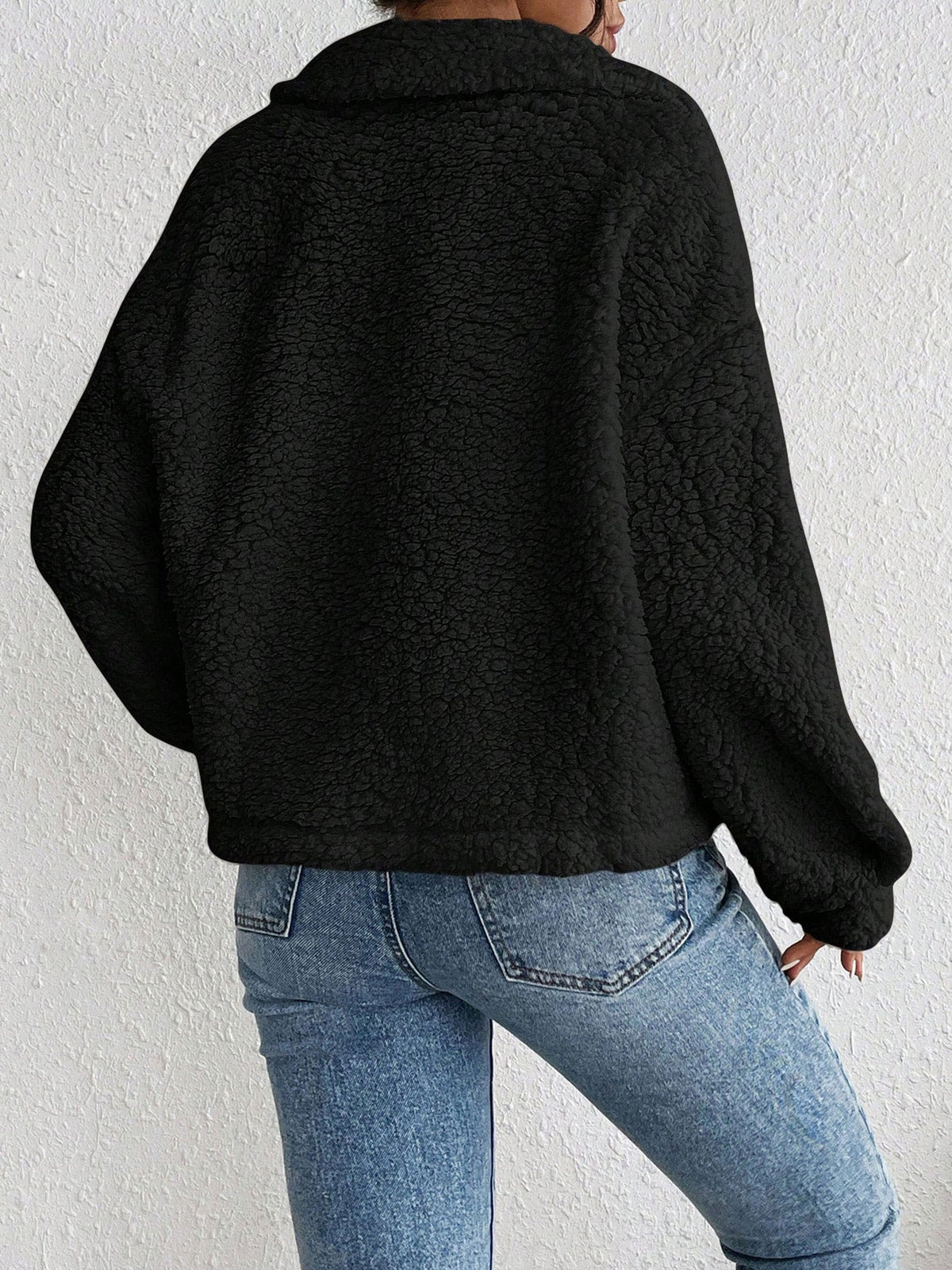Collared Solid Color Long Sleeves Pockets Fleece Jacket