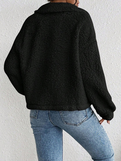 Collared Solid Color Long Sleeves Pockets Fleece Jacket