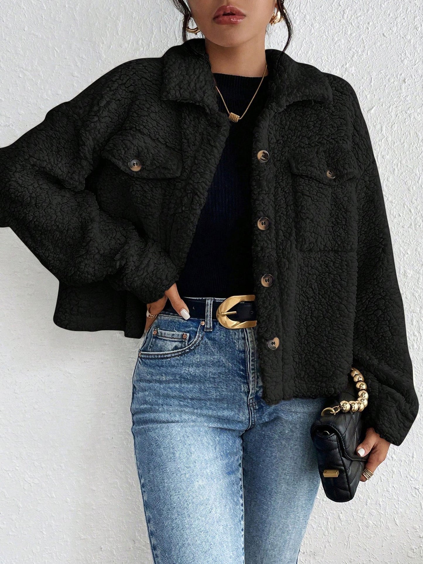 Collared Solid Color Long Sleeves Pockets Fleece Jacket