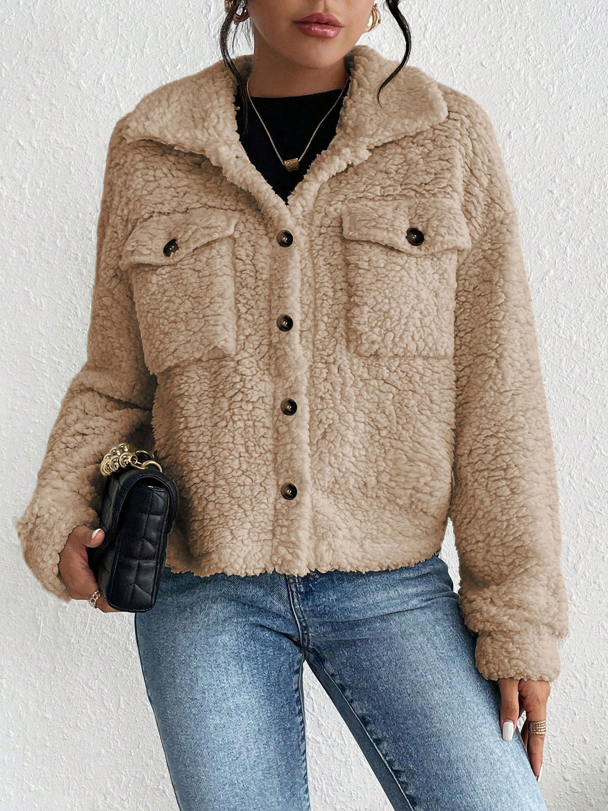 Collared Solid Color Long Sleeves Pockets Fleece Jacket