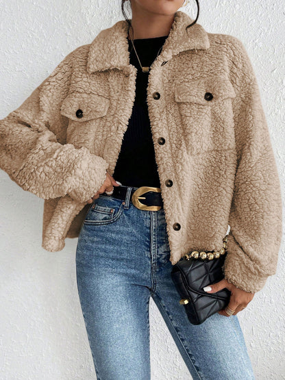 Collared Solid Color Long Sleeves Pockets Fleece Jacket