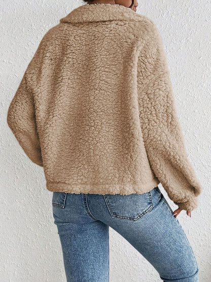 Collared Solid Color Long Sleeves Pockets Fleece Jacket