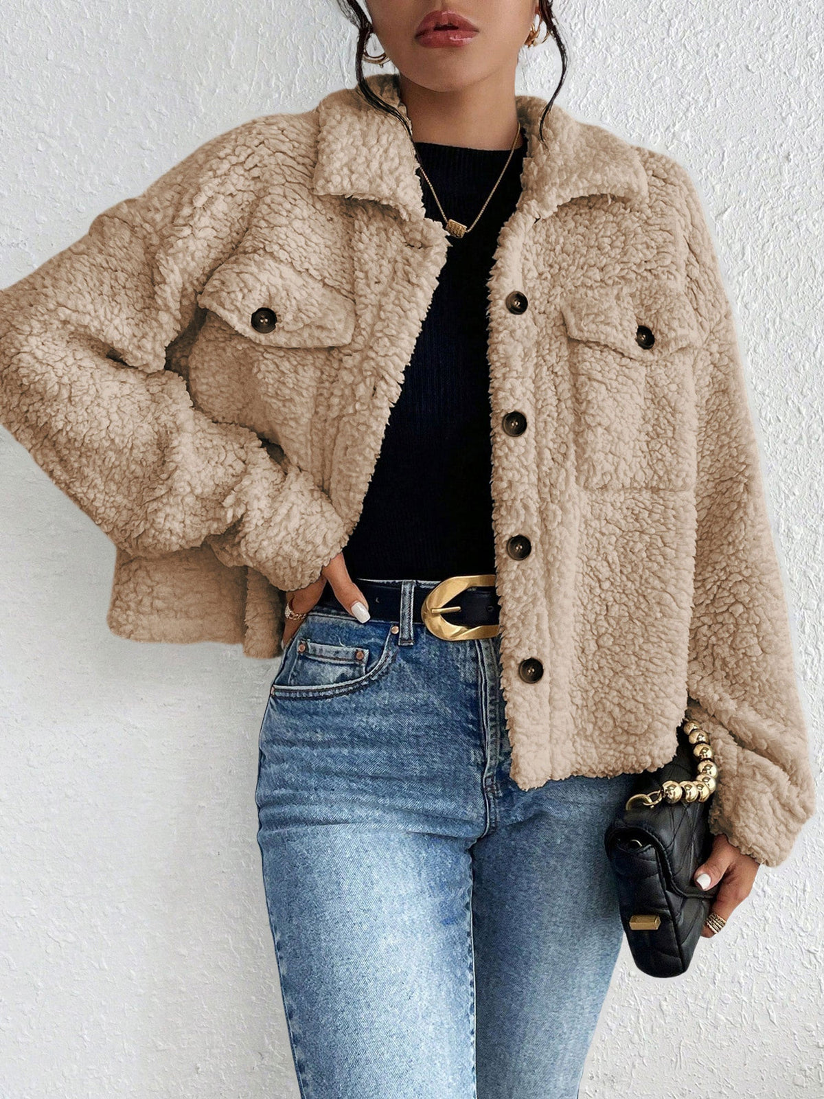 Collared Solid Color Long Sleeves Pockets Fleece Jacket