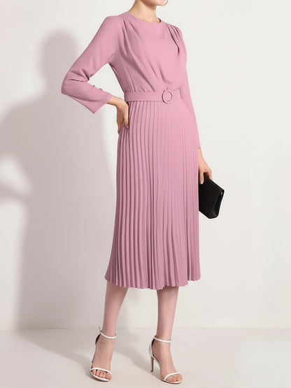 Crew Neck Long Sleeves Belted Pleated Midi Work Dress