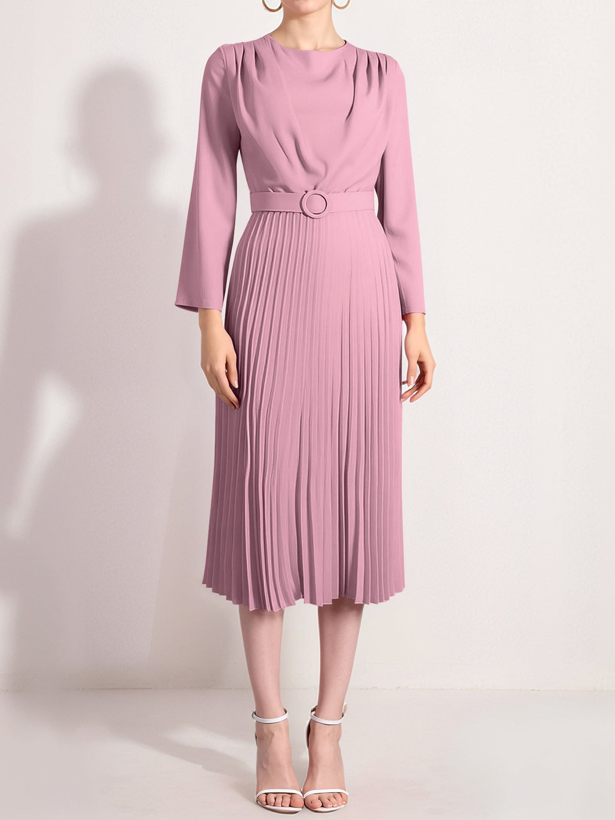 Crew Neck Long Sleeves Belted Pleated Midi Work Dress