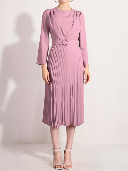 Crew Neck Long Sleeves Belted Pleated Midi Work Dress