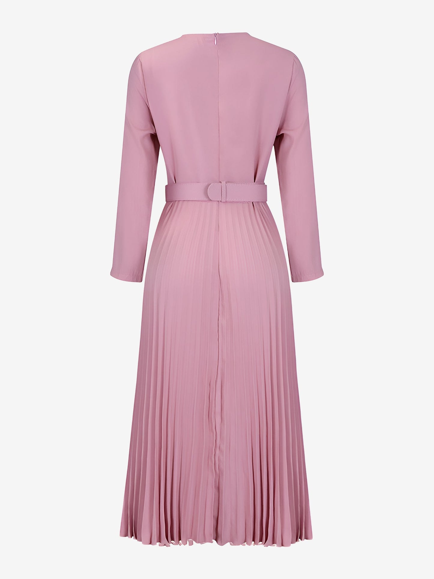 Crew Neck Long Sleeves Belted Pleated Midi Work Dress