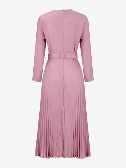 Crew Neck Long Sleeves Belted Pleated Midi Work Dress