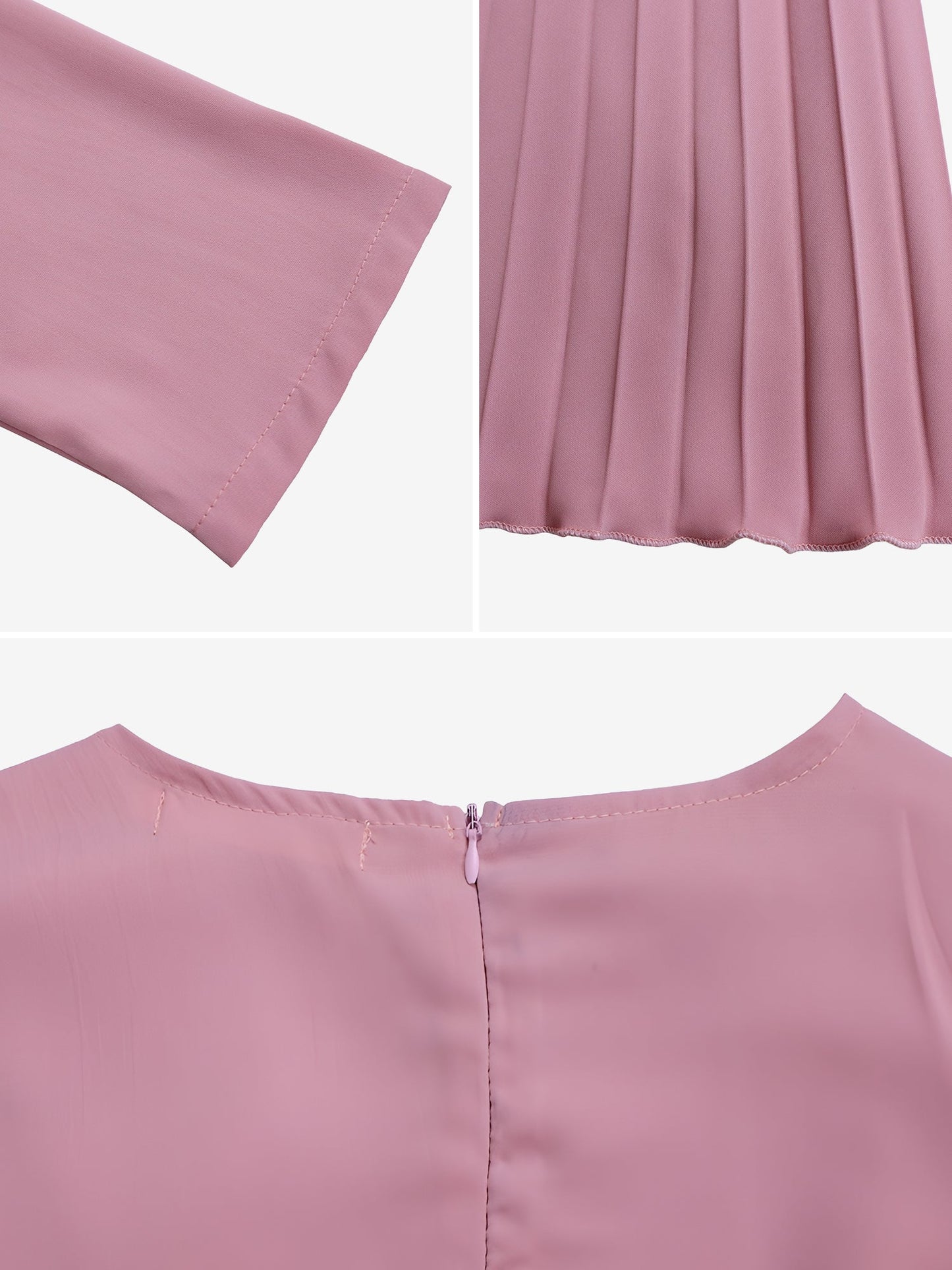 Crew Neck Long Sleeves Belted Pleated Midi Work Dress