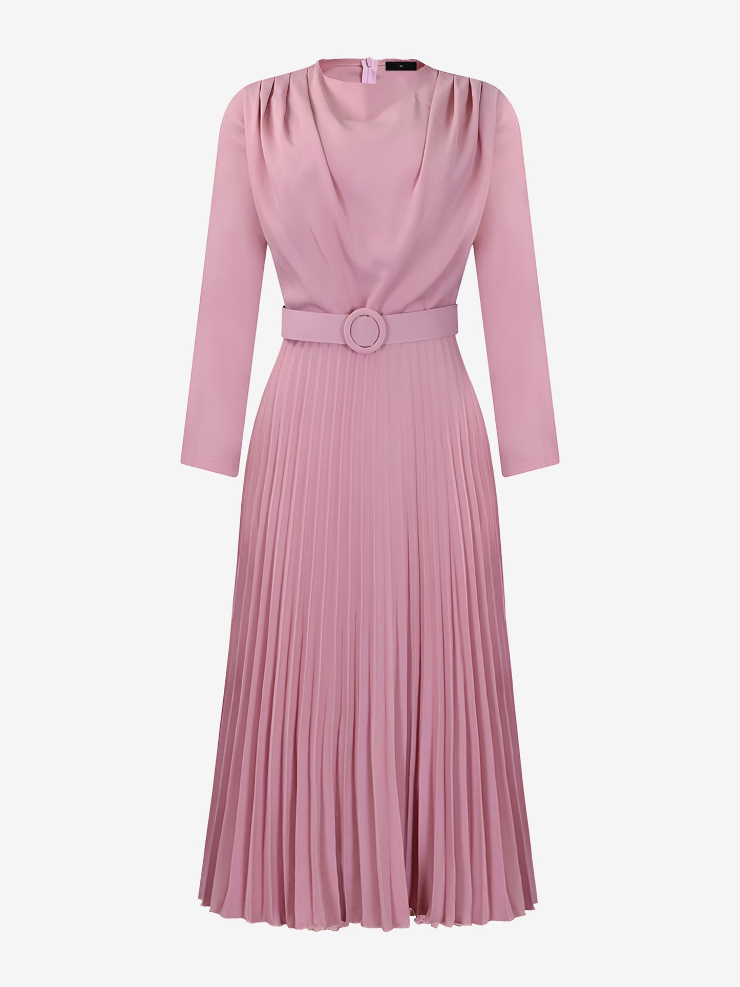 Crew Neck Long Sleeves Belted Pleated Midi Work Dress
