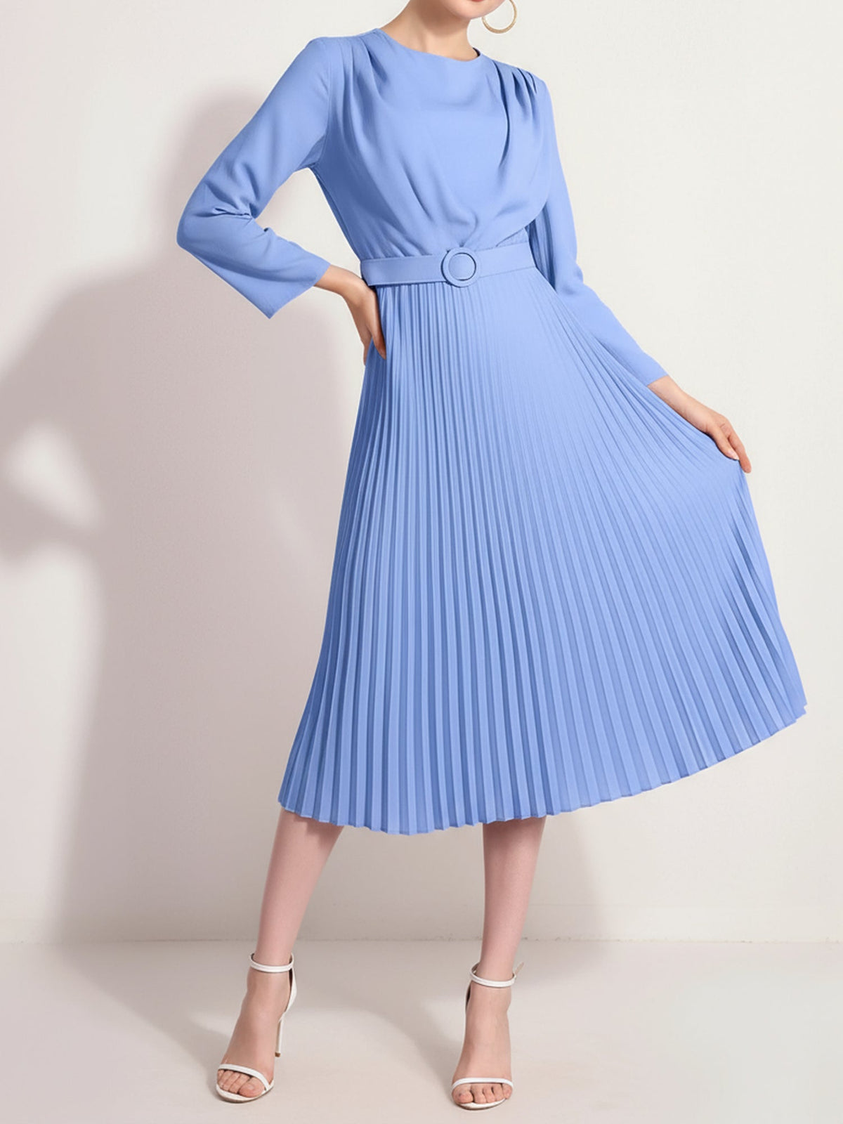 Crew Neck Long Sleeves Belted Pleated Midi Work Dress