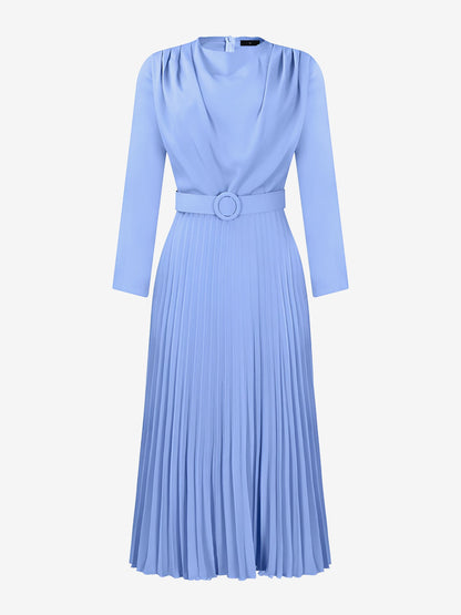 Crew Neck Long Sleeves Belted Pleated Midi Work Dress
