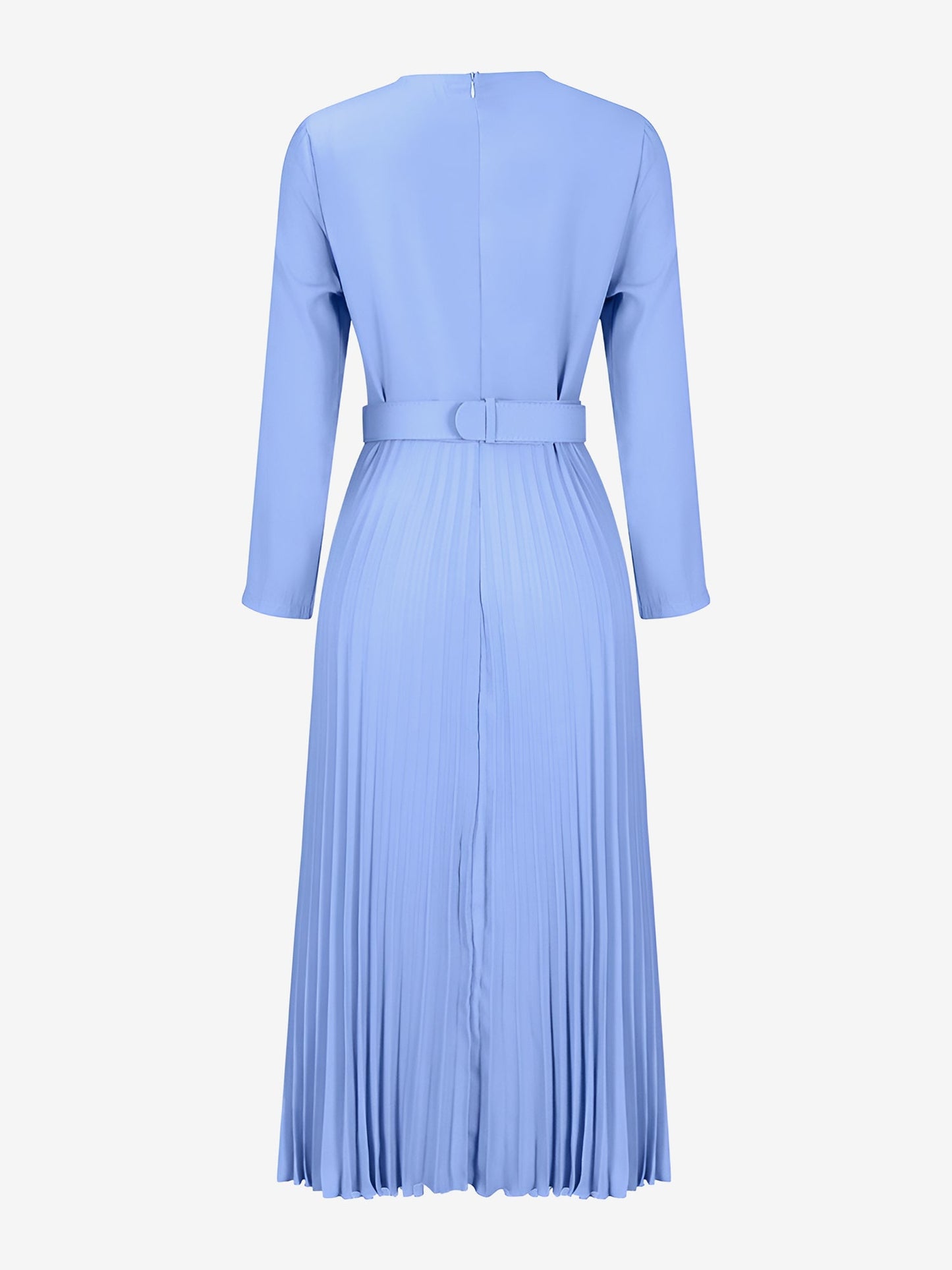 Crew Neck Long Sleeves Belted Pleated Midi Work Dress