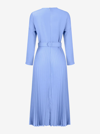 Crew Neck Long Sleeves Belted Pleated Midi Work Dress