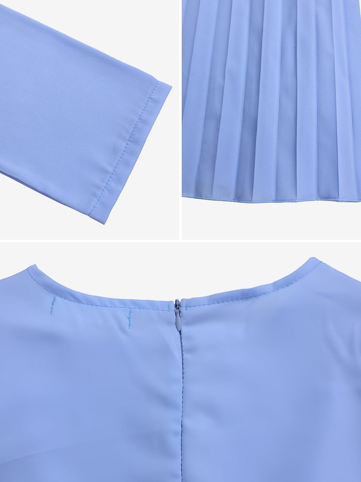 Crew Neck Long Sleeves Belted Pleated Midi Work Dress