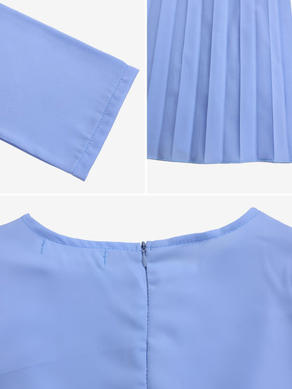 Crew Neck Long Sleeves Belted Pleated Midi Work Dress