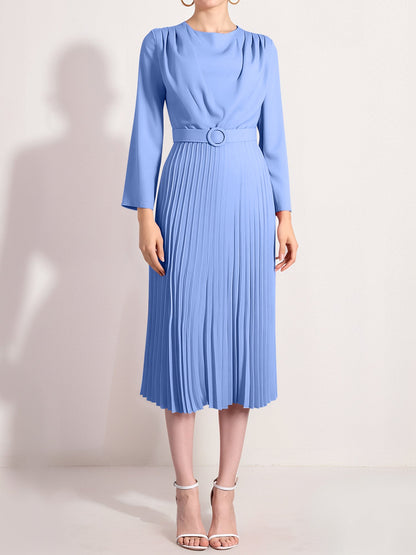 Crew Neck Long Sleeves Belted Pleated Midi Work Dress