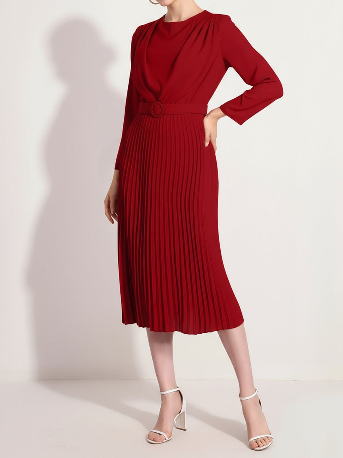 Crew Neck Long Sleeves Belted Pleated Midi Work Dress