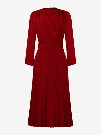 Crew Neck Long Sleeves Belted Pleated Midi Work Dress