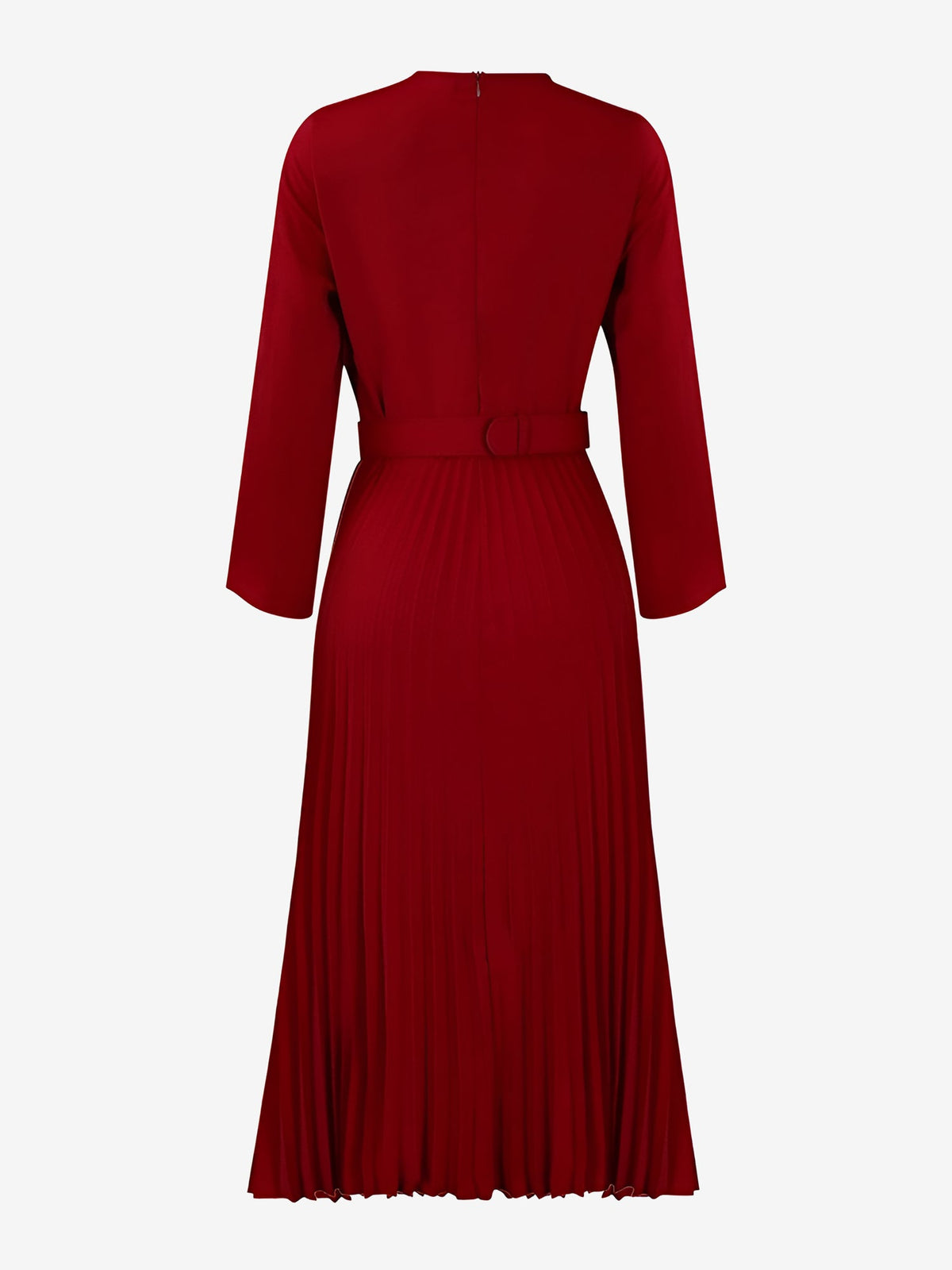 Crew Neck Long Sleeves Belted Pleated Midi Work Dress