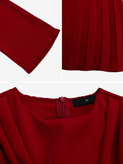 Crew Neck Long Sleeves Belted Pleated Midi Work Dress