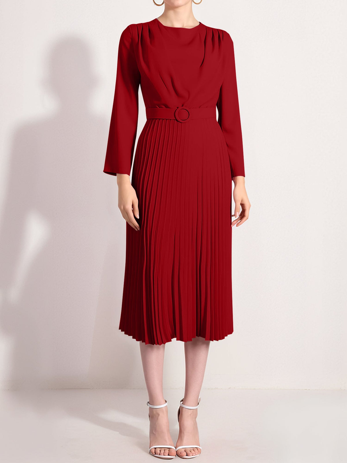 Crew Neck Long Sleeves Belted Pleated Midi Work Dress
