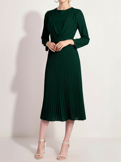 Crew Neck Long Sleeves Belted Pleated Midi Work Dress