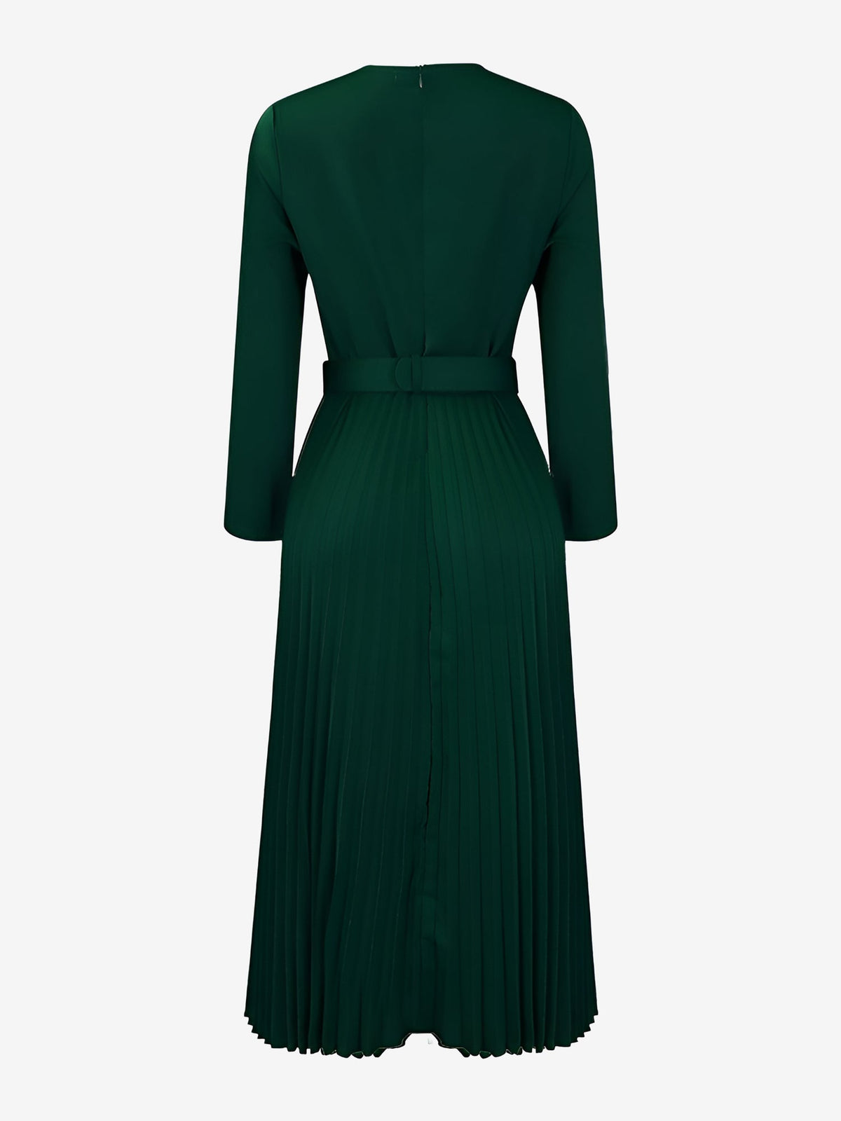 Crew Neck Long Sleeves Belted Pleated Midi Work Dress
