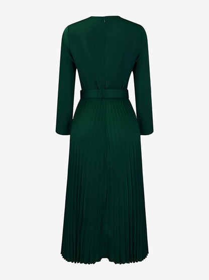 Crew Neck Long Sleeves Belted Pleated Midi Work Dress