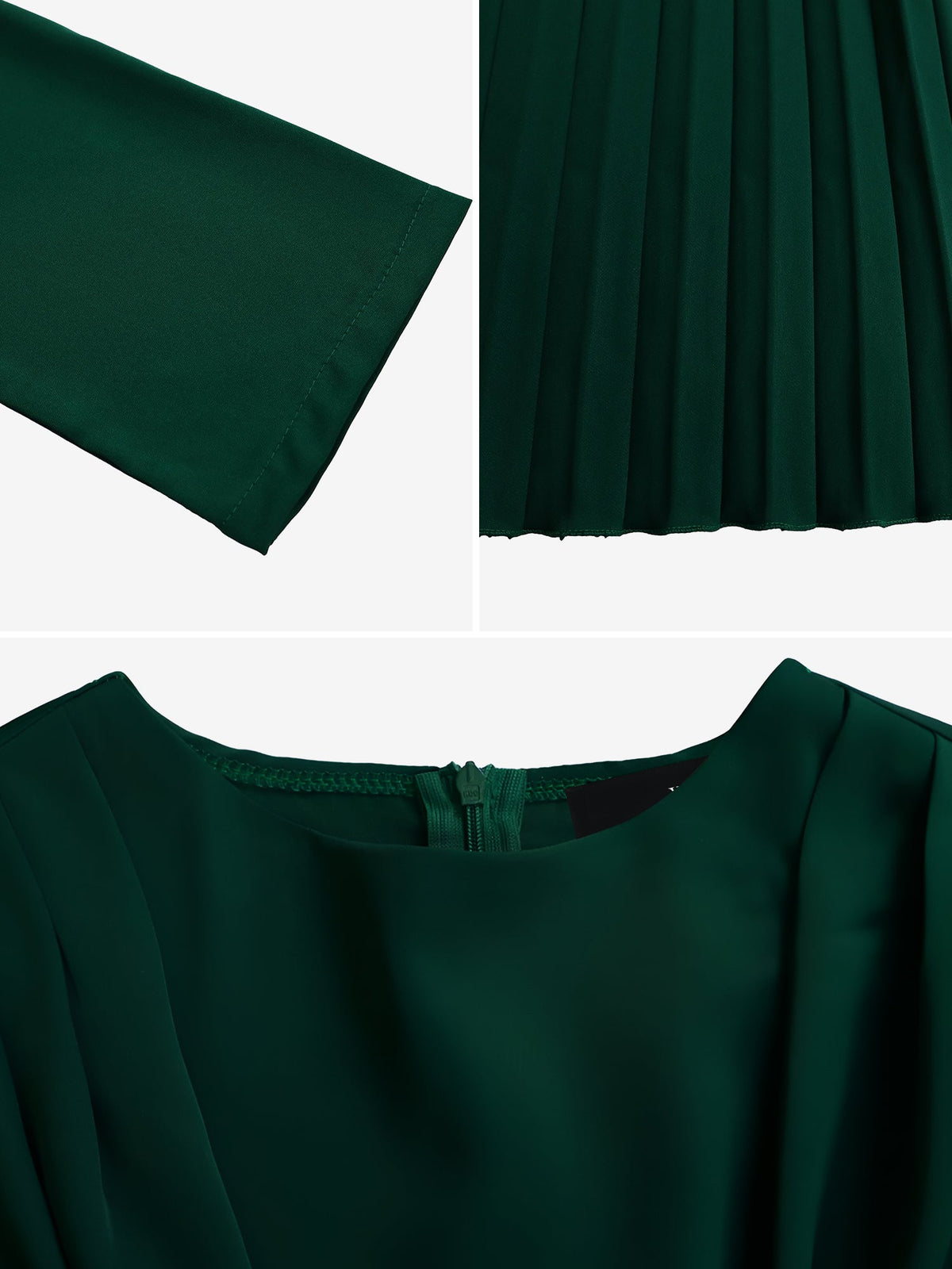 Crew Neck Long Sleeves Belted Pleated Midi Work Dress
