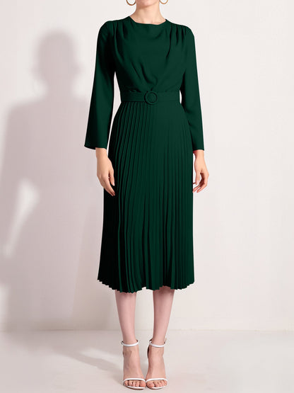 Crew Neck Long Sleeves Belted Pleated Midi Work Dress