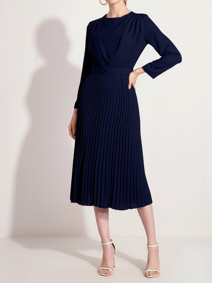 Crew Neck Long Sleeves Belted Pleated Midi Work Dress