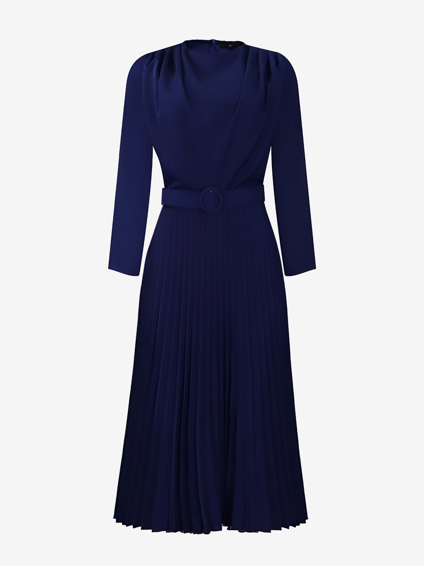 Crew Neck Long Sleeves Belted Pleated Midi Work Dress