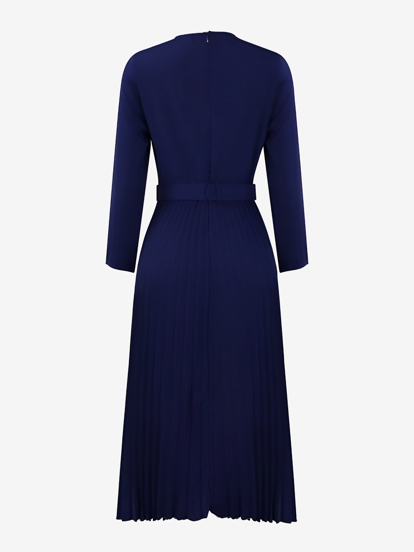 Crew Neck Long Sleeves Belted Pleated Midi Work Dress
