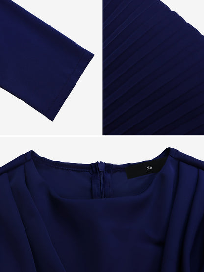 Crew Neck Long Sleeves Belted Pleated Midi Work Dress