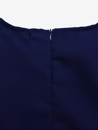 Crew Neck Long Sleeves Belted Pleated Midi Work Dress