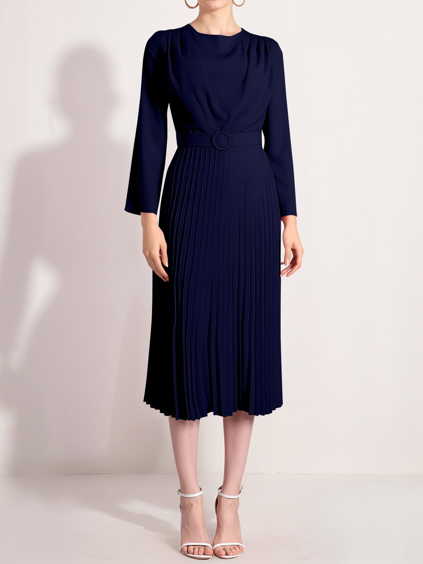 Crew Neck Long Sleeves Belted Pleated Midi Work Dress