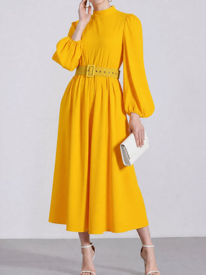 Mock Neck Puff Long Sleeves Belted A-Line Midi Dress