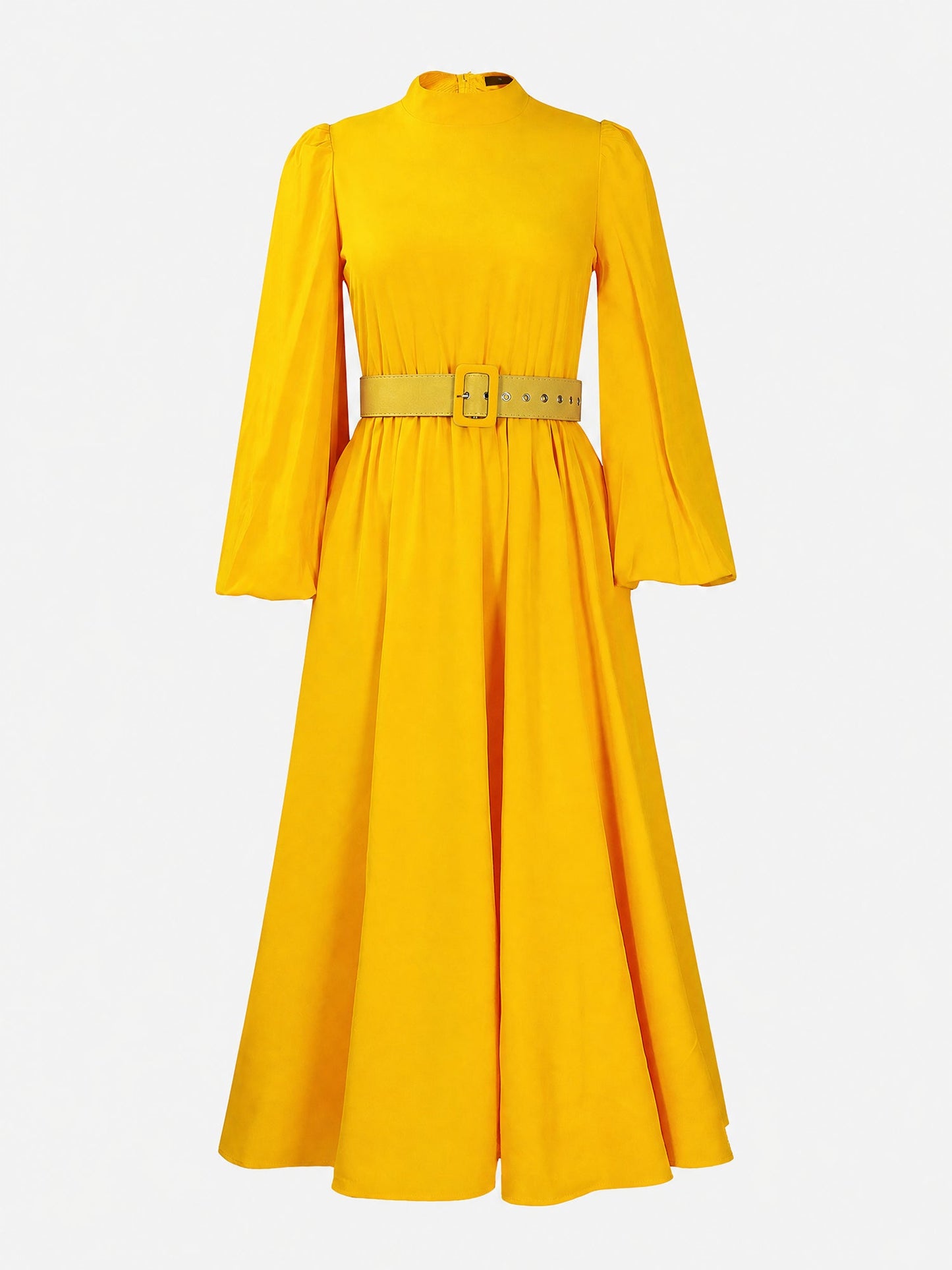 Mock Neck Puff Long Sleeves Belted A-Line Midi Dress
