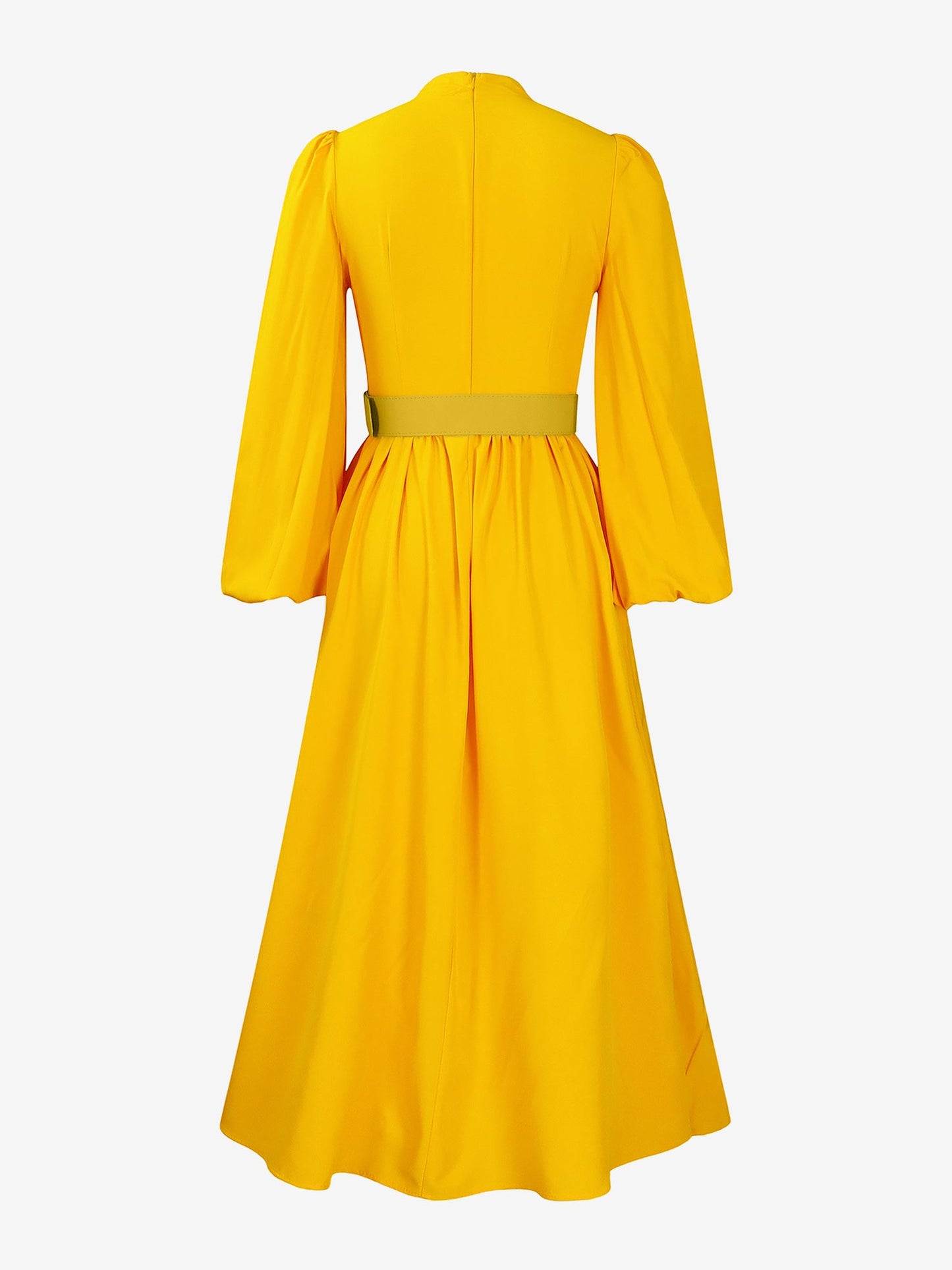 Mock Neck Puff Long Sleeves Belted A-Line Midi Dress