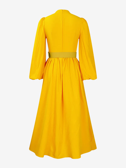 Mock Neck Puff Long Sleeves Belted A-Line Midi Dress