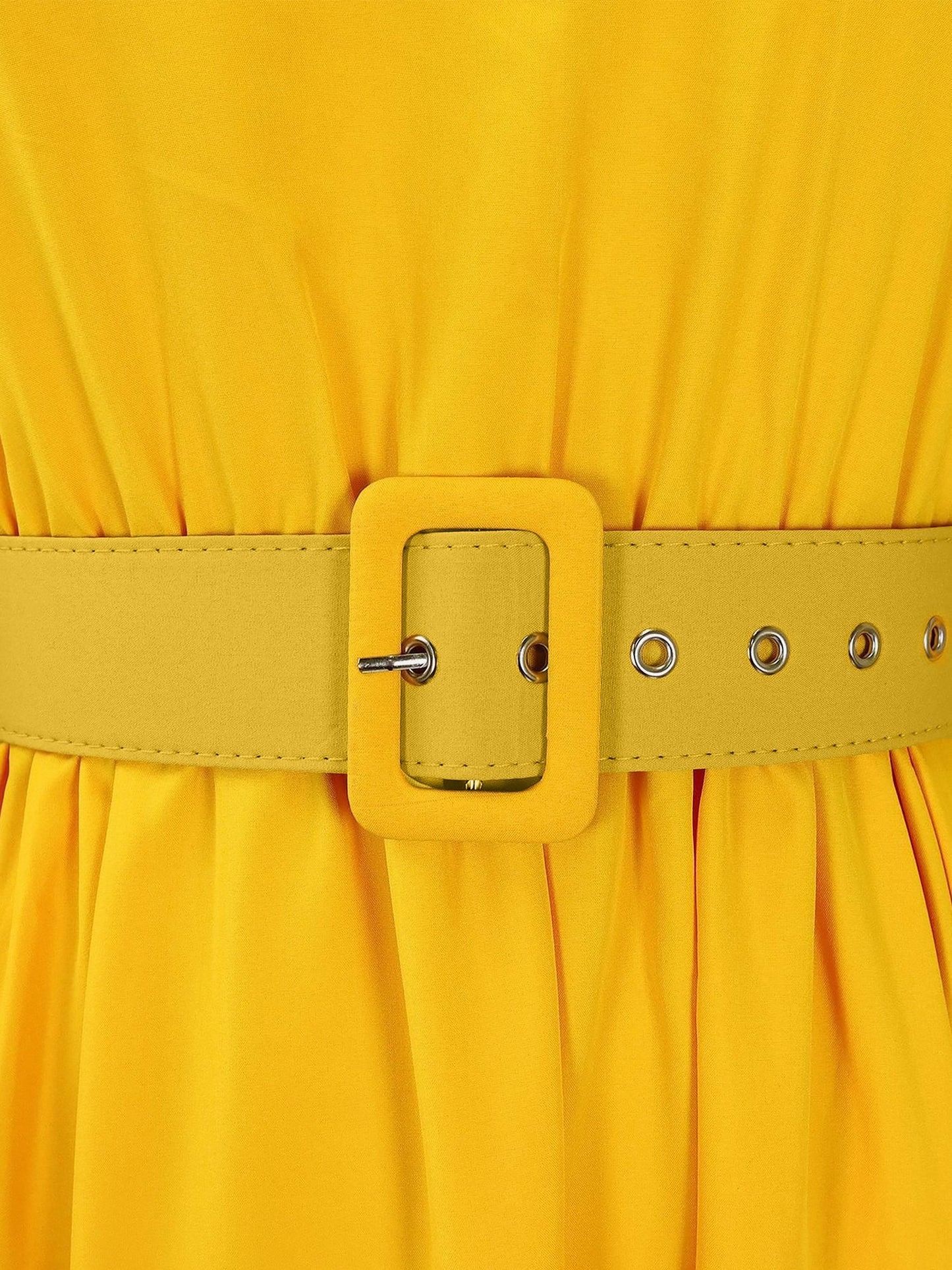 Mock Neck Puff Long Sleeves Belted A-Line Midi Dress