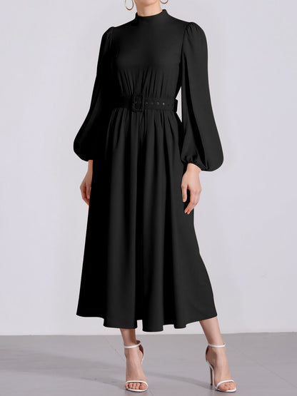 Mock Neck Puff Long Sleeves Belted A-Line Midi Dress