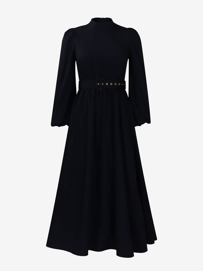 Mock Neck Puff Long Sleeves Belted A-Line Midi Dress